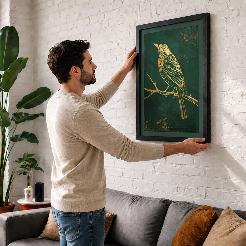 Golden Songbird Japandi - Framed Print, A2 - 59.4 x 42.0 cm, White