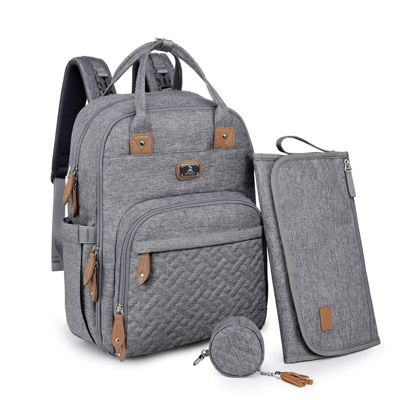  Sac à dos avec sac à langer avec matelas à langer portable, étui à sucette et sangles de poussette, gris, Grey