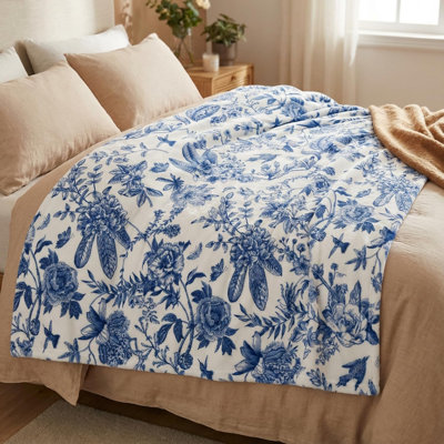 Spring Summer Flannel Blanket Throw, Blue Hand-Drawn Flowers Soft Fuzzy Plush Cozy Fleece Blankets for Couch Sofa Bed Lounging, Ideal Gifts for Adults Self, 50x40