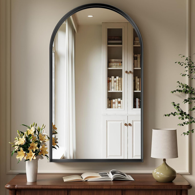 Axia 36''x24'' Metal Arch Wall Mounted Mirror for Bathroom, Living Room, Entryway, Matte Black, 36" x 24"