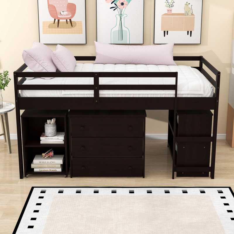 Elieser Kids Twin Loft Bed with Drawers, Espresso