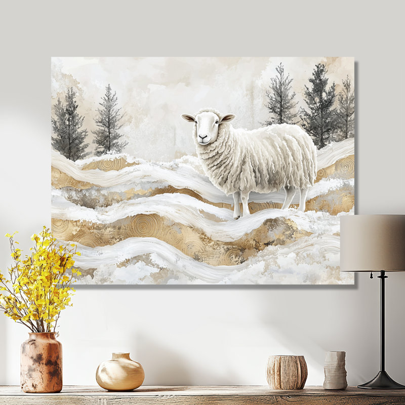 Or doré marbré dans un paysage d'hiver à la ferme I - Mouton, impression sur métal, H 12 po x l 20 po