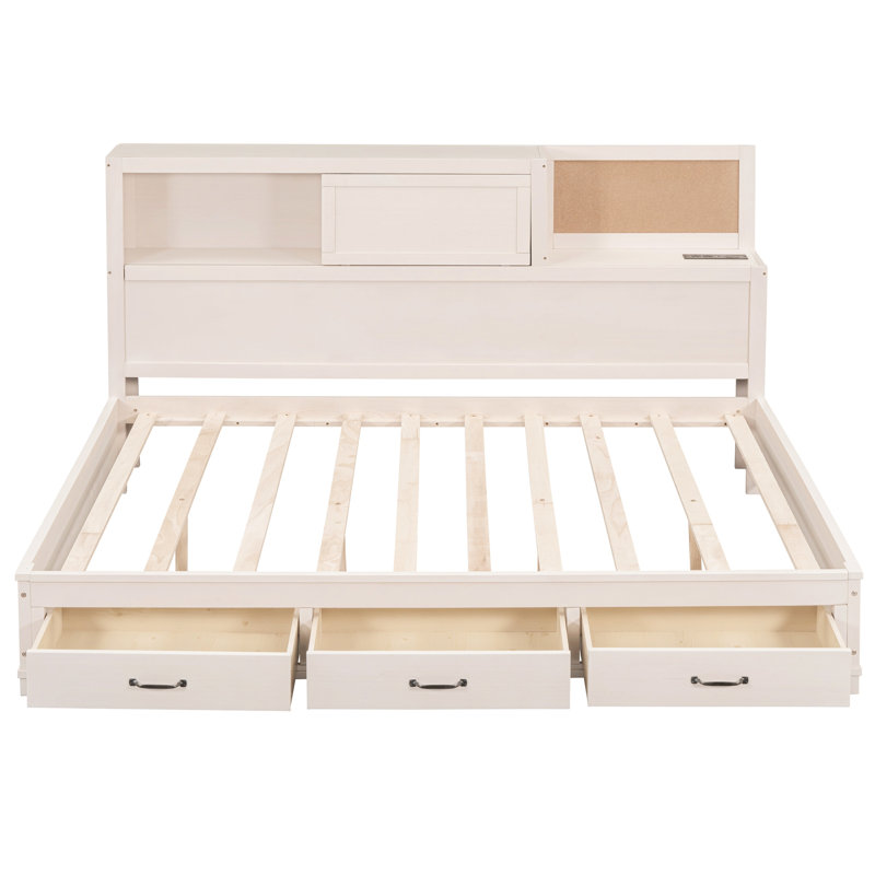 Lit de jour pleine grandeur en bois blanc avec 3 tiroirs de rangement, une tablette et un espace de chargement pour une chambre à coucher à la fine pointe de la technologie avec abri pratique et élégant