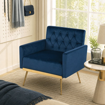 Chaise d'appoint rembourrée style Mid-Century avec dossier capitonné, pieds en métal doré bleu