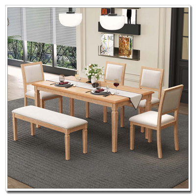 Ensemble de salle à manger extensible 6 pièces avec banc et pieds sculptés (bois naturel délavé) 6 pièces