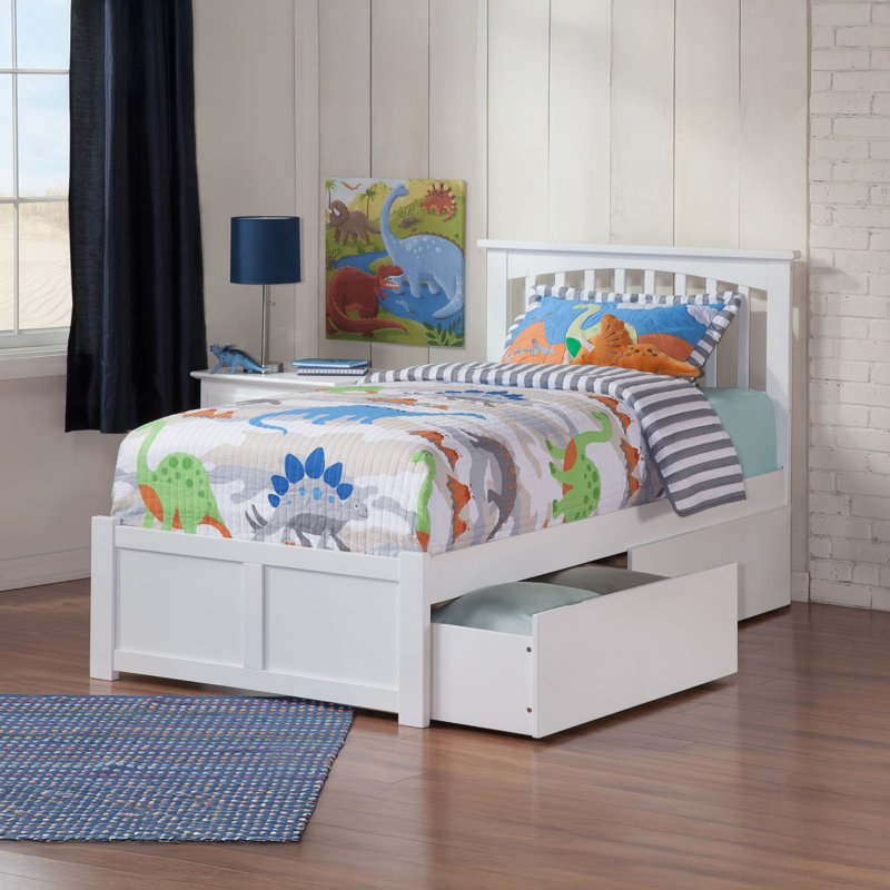 Lit plateforme en bois massif avec pied de lit et tiroirs de rangement Huntsville, Simple TG, Blanc