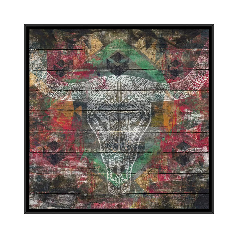« ancêtres (crâne de vache) », impression sur toile, H 18 po x l 18 po x P 1,5 po, Toile avec cadre noir, Pas de tapis