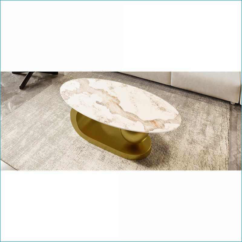 Table basse ovale à motif de marbre pour salon - Plateau en pierre frittée, piètement en acier inoxydable doré, facile à nettoyer