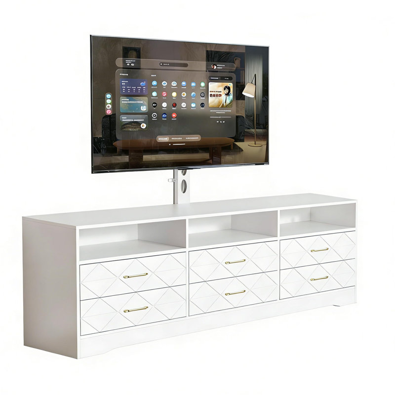 Meuble audio-vidéo blanc avec 6 tiroirs de rangement pour le salon de la chambre à coucher, meuble télé avec téléviseurs à fixation de 32 à 80 po, console multimédia en bois avec support à hauteur réglable