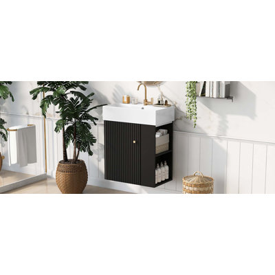 Meuble-lavabo flottant moderne de 21,6 po avec lavabo en céramique, parfait pour les petites salles de bain, rangement à droite