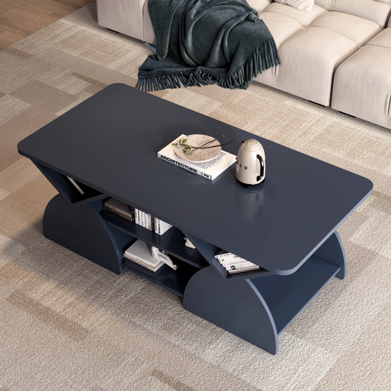 Table basse avec tablettes ouvertes en bleu classique, coins arrondis, design moderne pour le salon ou le bureau