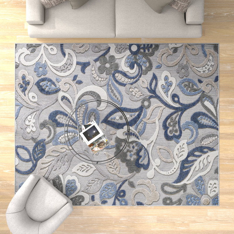 Tapis d'intérieur / extérieur Gahanna, Rectangle 7 pi 10 po x 9 pi 10 po, Gris te bleu