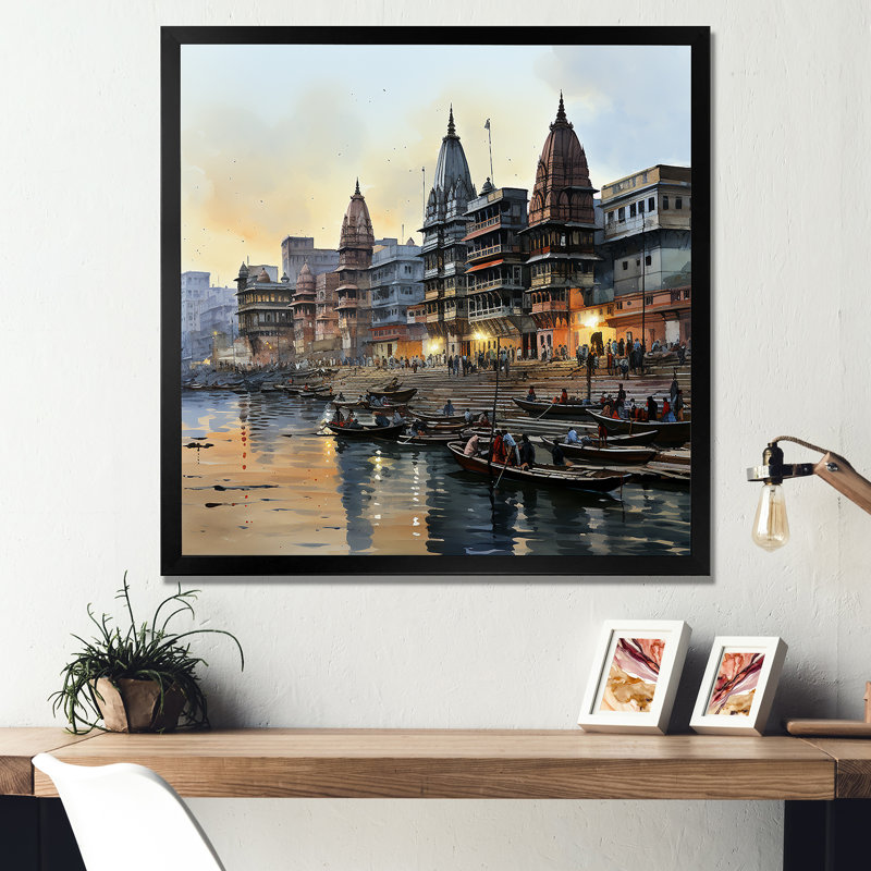 Art indien, Ganges at Dawn 2 - Art mural indien, Cadre simple noir, H 16 po x l 16 po x P 1 po