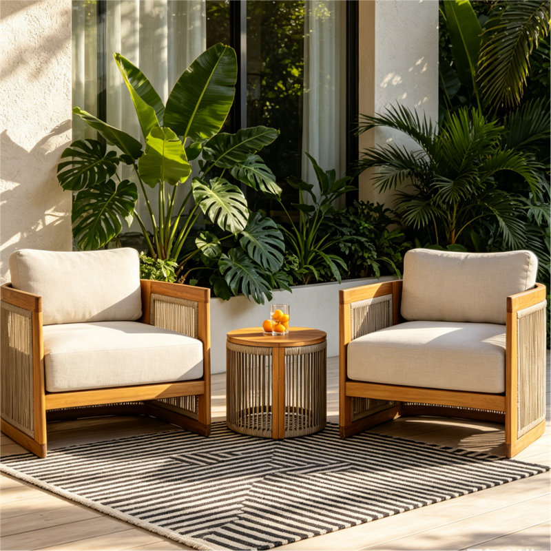 Ensemble de conversation d'extérieur en bois d'acacia avec coussins crème Guzal