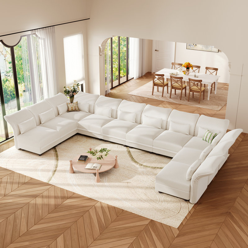 U-Shaped Upholstered Modular Sectional Sofa With Storage, 10 Seat  Corduroy  Couche With Adjustable Arms Backs,Plush Supportive Cushions, Beige