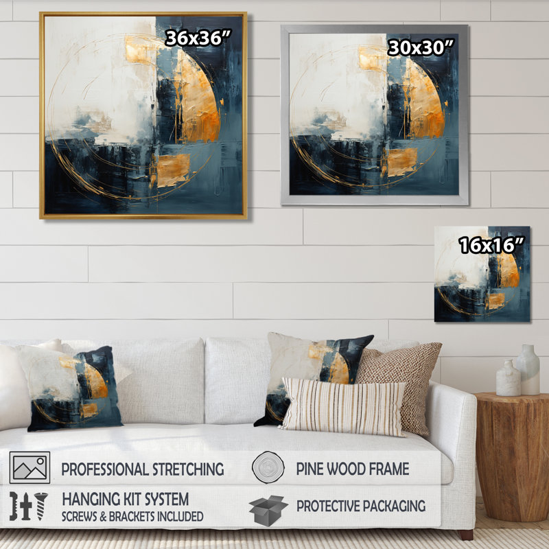 Décoration murale murale turquoise or blanc demi-lune - Minimalisme, H 30 po x l 30 po x P 1 po, Toile avec cadre flottant or