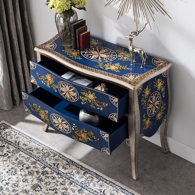Commode d'appoint vintage à deux tiroirs peinte à la main