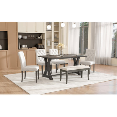 6-Piece Farmhouse Dining Table Set, Rectangular Trestle Table and 4 Upholstered Chairs & Bench for Dining Room