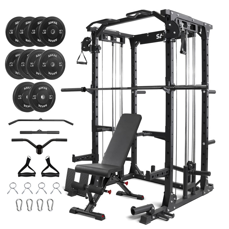 Multi-Function Squat Rack with Cable Crossover System, Power Rack with LAT Pull Down, Pull-Up Bar, Dip Bars, Weight Bench, 260 LB Bumper Plates, 7 FT Olympic Bar & Training Attachments