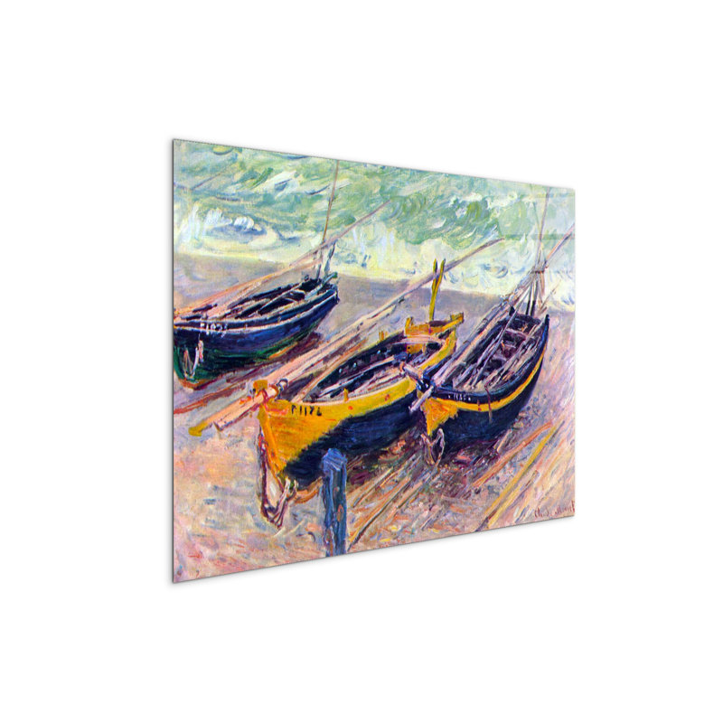 three fishing boats in Eretrat by Monet Claude 57cm H X 76cm W CrystalArt Material Acrylic Glass Effect, Frameless Panel Lightweight Ready to Hang