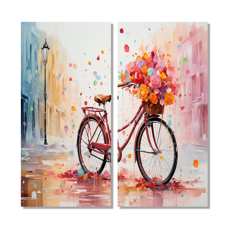 Vélo, pédalage, souvenirs, pointillisme - transport bicyclette, art mural, H 20 po x l 24 po, Toile tendue, Ne s’applique pas