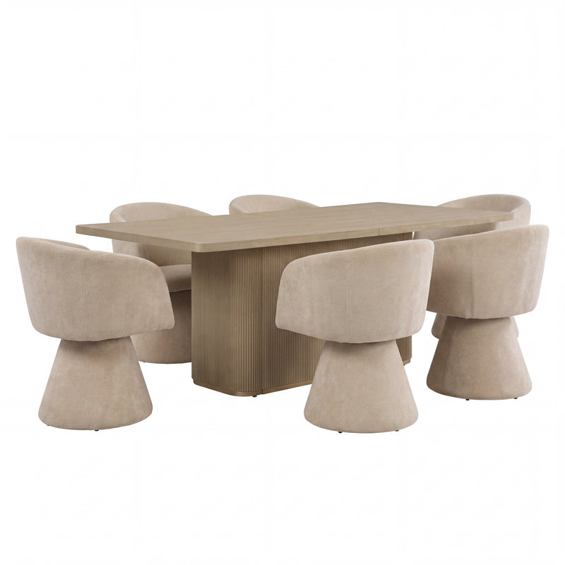 Swainswick 7-Piece Dining Table Set With 180° Swivel Chairs & Wooden Tabletop, Light Ash, Oatmeal