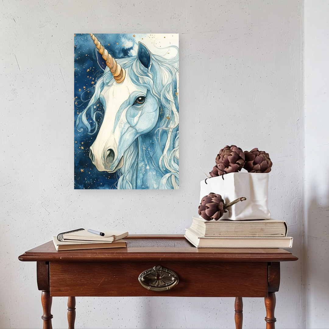 Celestial Blue Unicorn Dreamy Ethereal Mystical Horse Landscape Nature Wall Art Print