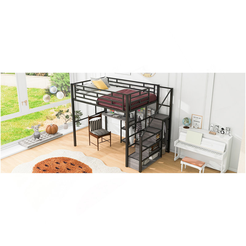 Lit mezzanine double en métal avec garde-robe, bureau, tablettes de rangement, noir