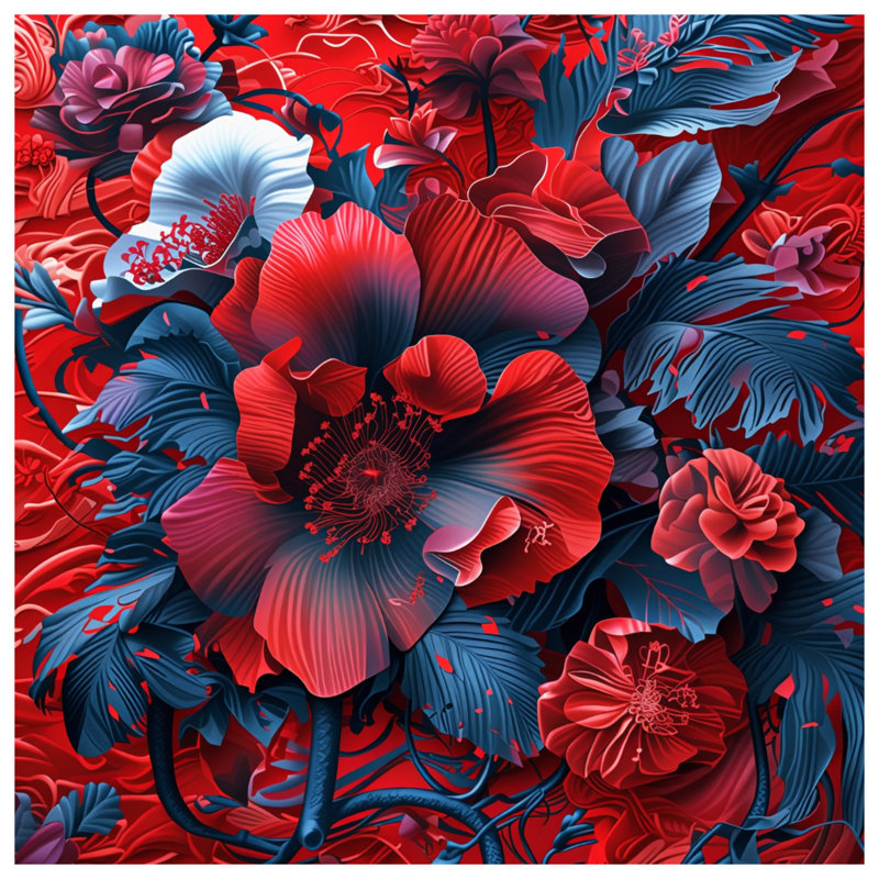 Édredon à composition florale rouge et bleu, Lit simple