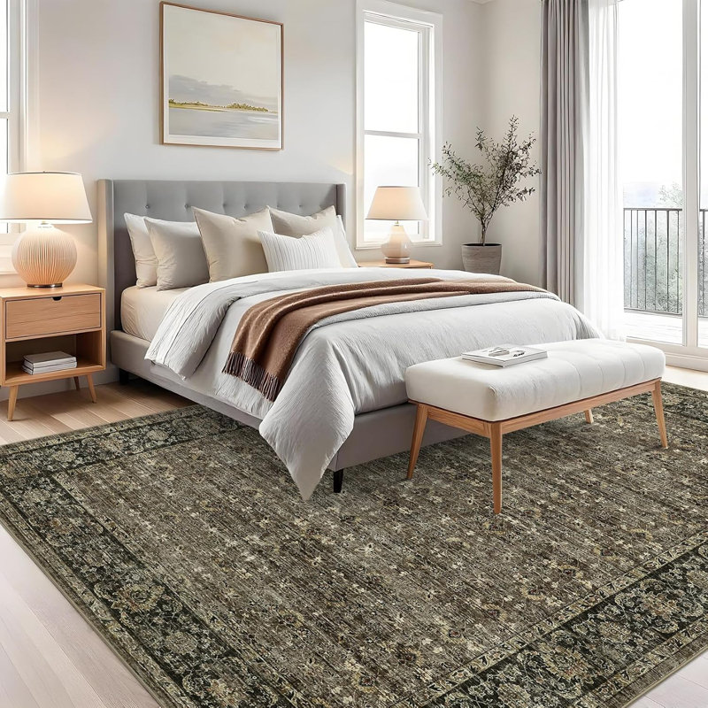 Floral Kitchen Rug – Washable, Non-Slip, Low Pile, Distressed Print for Hallway, Bathroom, Laundry (Beige)