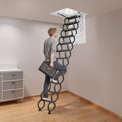 Attic Ladder, 660LBS/299.4KG Capacity, Fits 8.5 to 9.4 ft Ceiling Height and 39.4 x 27.5 inch Opening Size, Alloy Steel Pull-Down Retractable Ceiling Stair with Pulling Rod for Attic Loft Roof