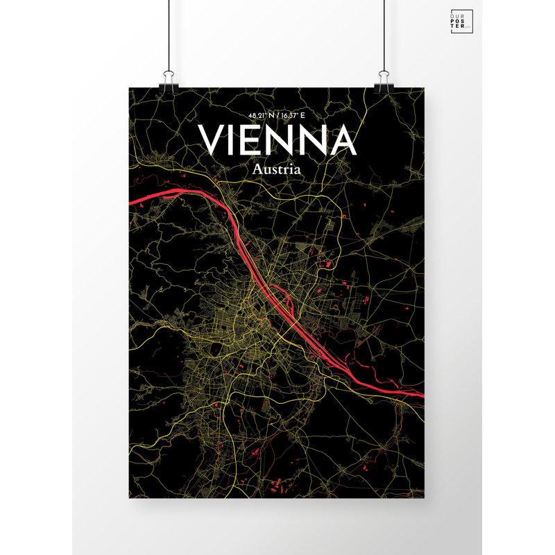Vienna City Map - Unframed Graphic Art Print on Paper, 70cm H x 50cm W x 0.13cm D, Black/Red