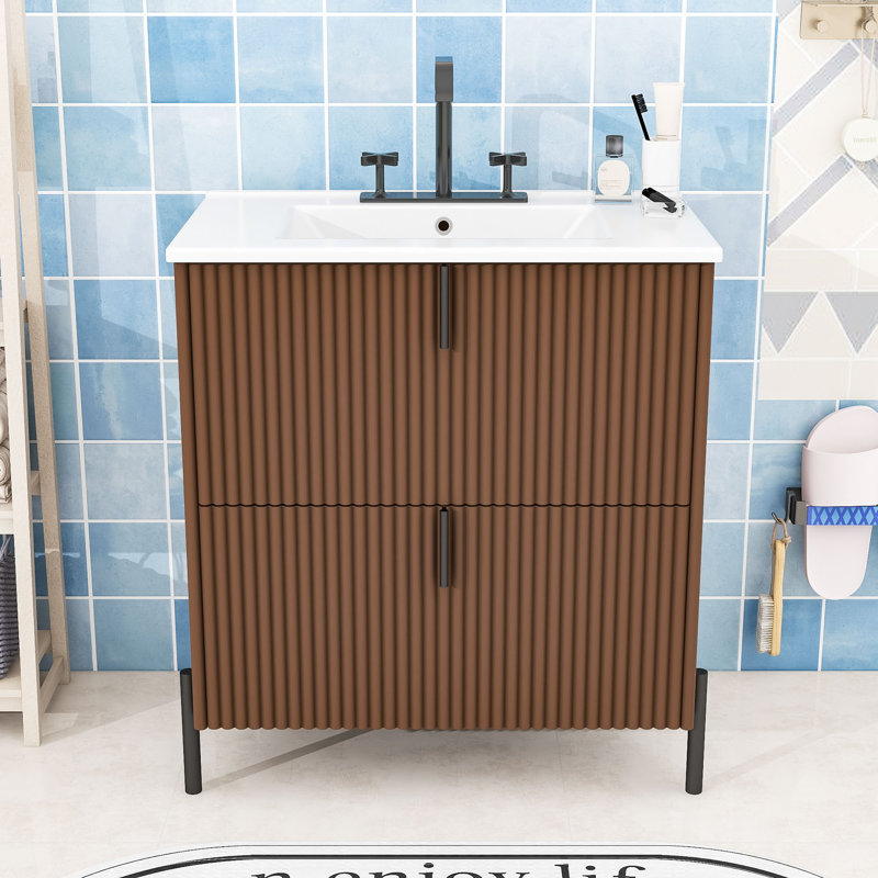 Meuble-lavabo Ã©lÃ©gant avec design cannelÃ© et lavabo, Marron foncé