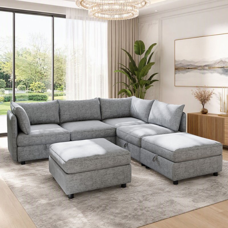 Canapé modulaire en U pour 6 personnes, flexible et personnalisable, avec rangement sous le siège, Gris chenille