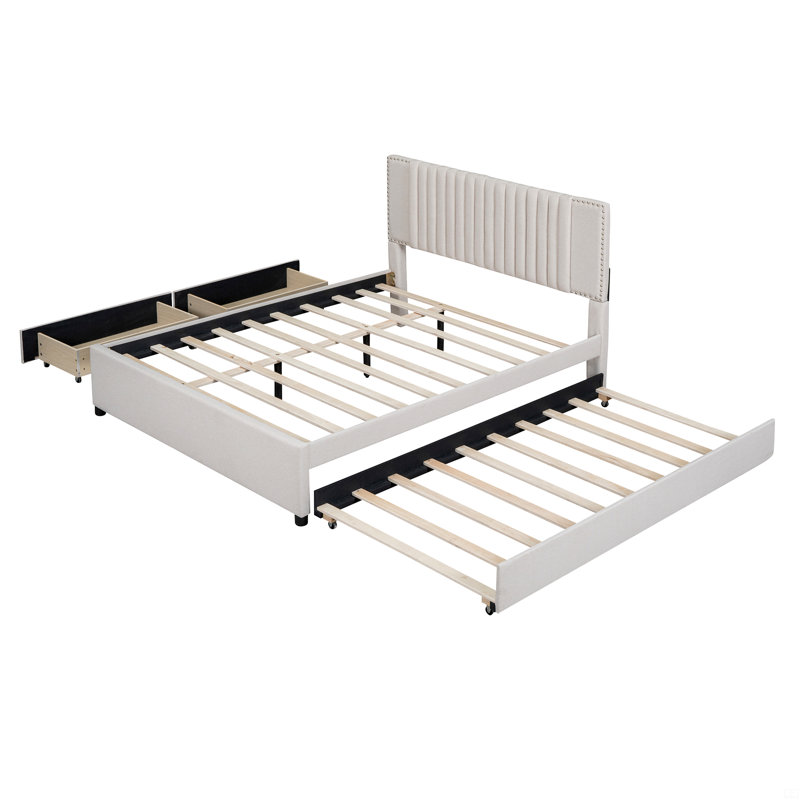 Grand lit plateforme tapissier avec 2 tiroirs et 1 lit gigogne simple TG