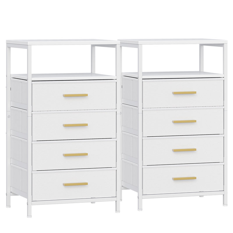 Bedside Table Set of 2, Side End Table with 4 Fabric Storage Drawers, Bedside Cabinet with Open Storage Shelf, Nightstand for Bedroom, Livingroom, White