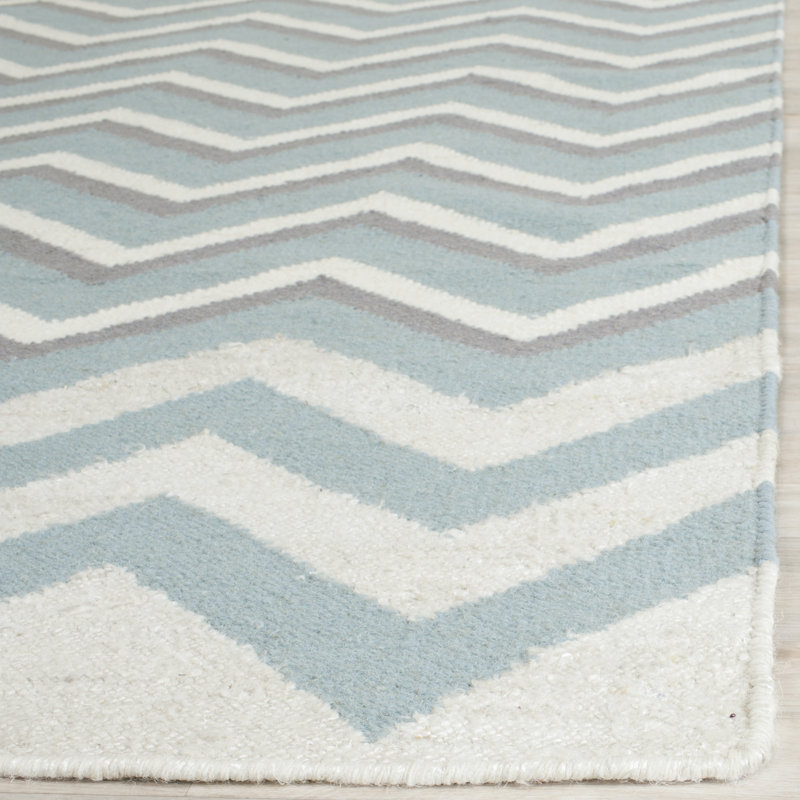 Naomi Hand Woven Flat Weave Wool/Viscose/Cotton Chevron Rug in Blue, Square 6'