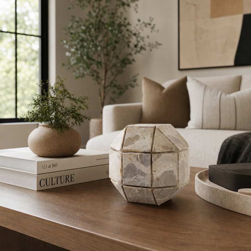 Grande sphère en marbre beige Hershman Pompano, H 6 po x l 6 po x P 6 po