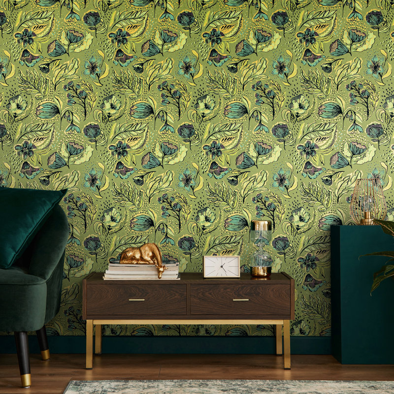 Pepper Embossed Wild Flower Felice Wallpaper Roll, Yellow/Green