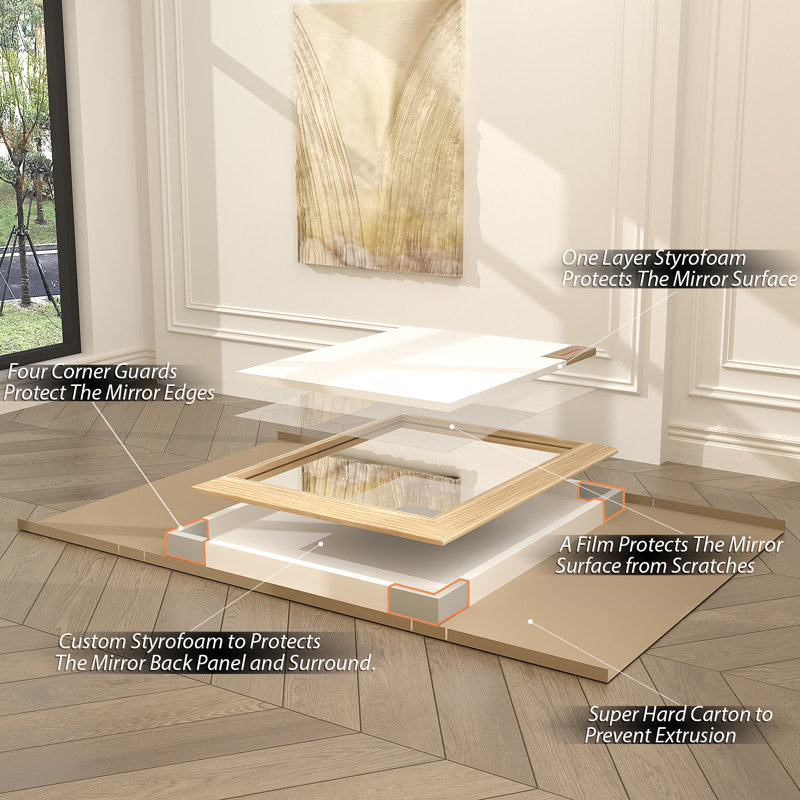 Amara Tempered Glass Mounted Wall Mirror, 48" x 36", Light Yellow Wood