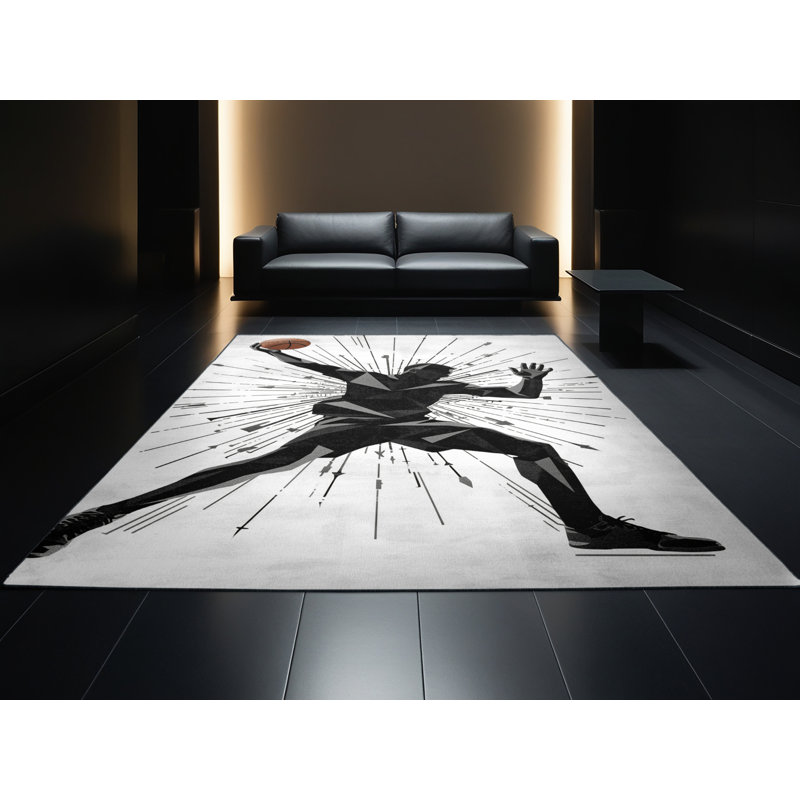 Machine Washable Swanton Handball Throw Modern & Contemporary Geometric Rug in Beige – Black Binding, 8x10