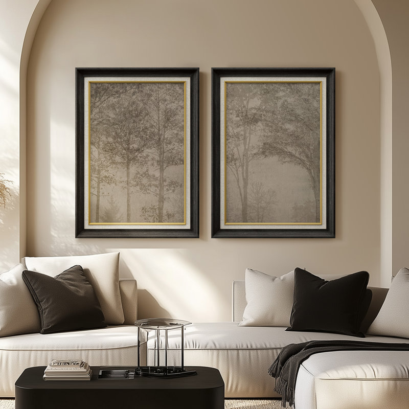 Forêt sépia silhouette minimaliste rustique - ensemble de 2 reproductions d'art encadrées de qualité supérieure sur papier 26 po x 36 po