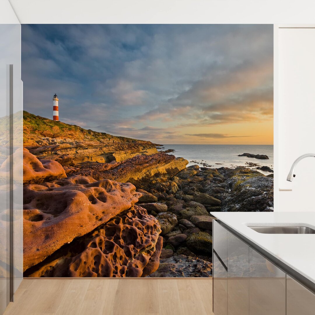 Strukturierte Fototapete Leuchtturm Tarbat Ness Lighthouse und Sonnenuntergang über dem Meer 2,88 m x 288 cm