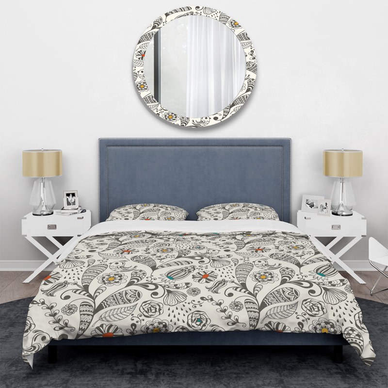 Ensemble de housse de couette à motif floral argenté, Housse de couette simple + 1 taie décorative stan