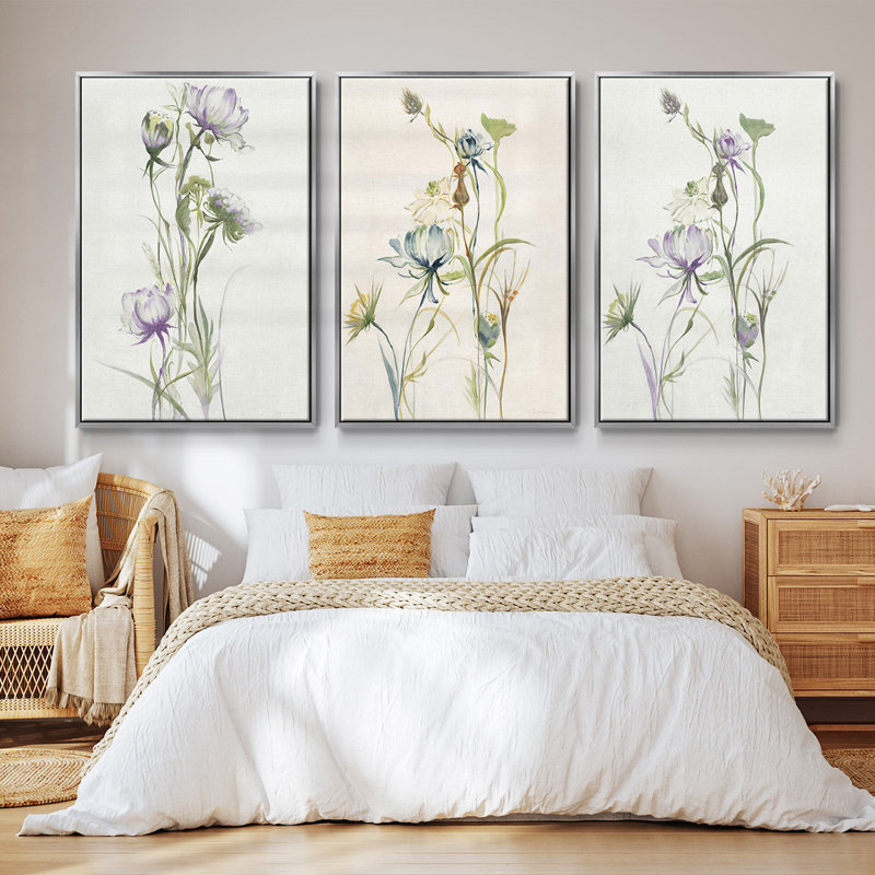 Ensemble de 3 pièces encadrées sur toile Late Summer Wildflowers I V30, Encadrement argenté, H 27 po x l 54 po