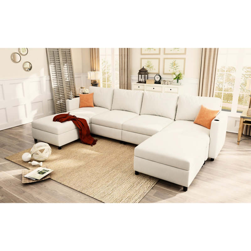 123" Chenille Sectional With And Storage, 6 Seat U-shape For Living Room Storage , Large Couch