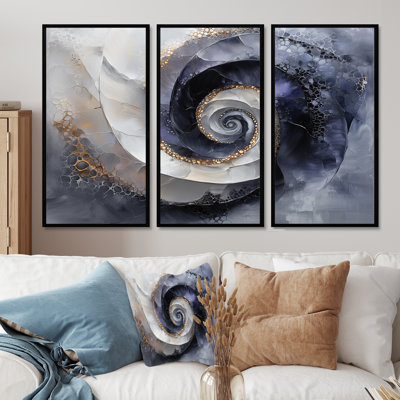 Abstract Black And White Cosmic Vortex IV - Abstract Spirals Canvas Wall Art - 3 Panels