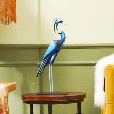 21"H Handmade Metal Heron Statue, 100% Hand-Painted Bird Figurine Décor, Rustic Handicraft Artwork For Bird Lovers