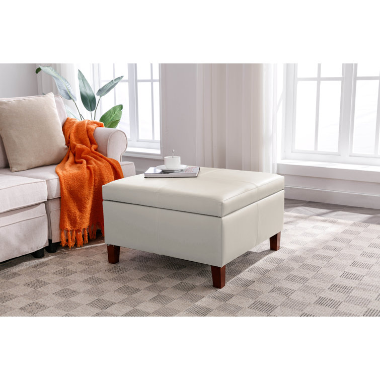 Azalya Faux Leather Flip Top Storage Ottoman with Rubberwood Legs