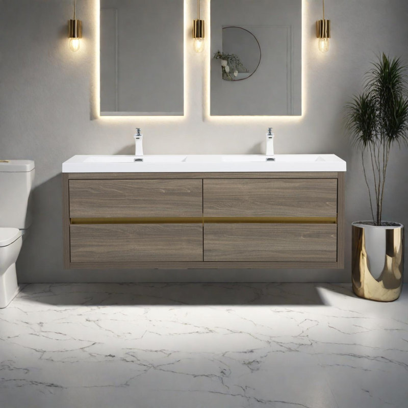 Meuble-lavabo mural 60 po avec lavabo double et tiroirs à fermeture en douceur 60 po, Gris